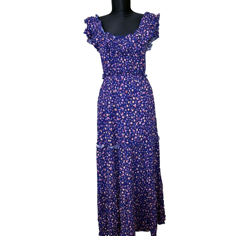 Pinch Maxi Dress Women's Small Blue Floral Ruffles Sleeve Tiered Peasant